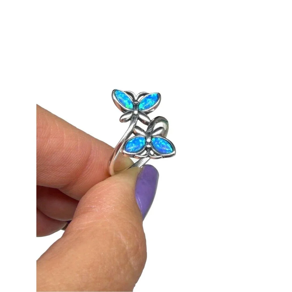 Butterfly Blue Fire Opal Ring Size 6 Solid 925 Sterling Silver Butterflies